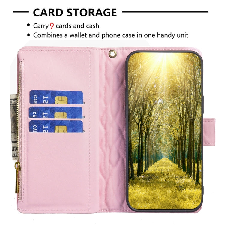 For iPhone 16 Plus Diamond Lattice Zipper Wallet Leather Flip Phone Case(Pink)