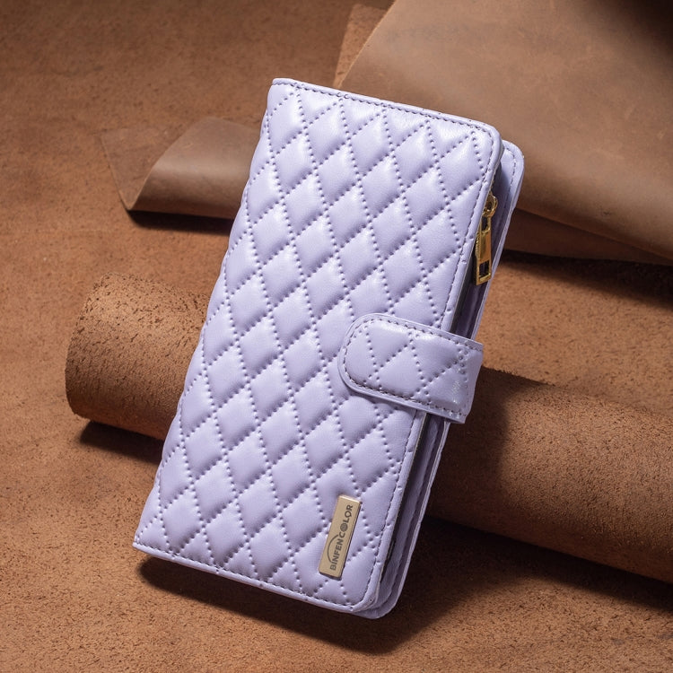 For iPhone 16 Plus Diamond Lattice Zipper Wallet Leather Flip Phone Case(Purple)