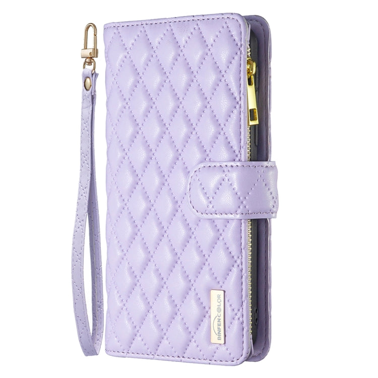 For iPhone 16 Plus Diamond Lattice Zipper Wallet Leather Flip Phone Case(Purple)