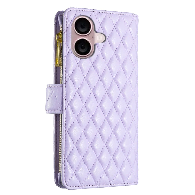 For iPhone 16 Plus Diamond Lattice Zipper Wallet Leather Flip Phone Case(Purple)