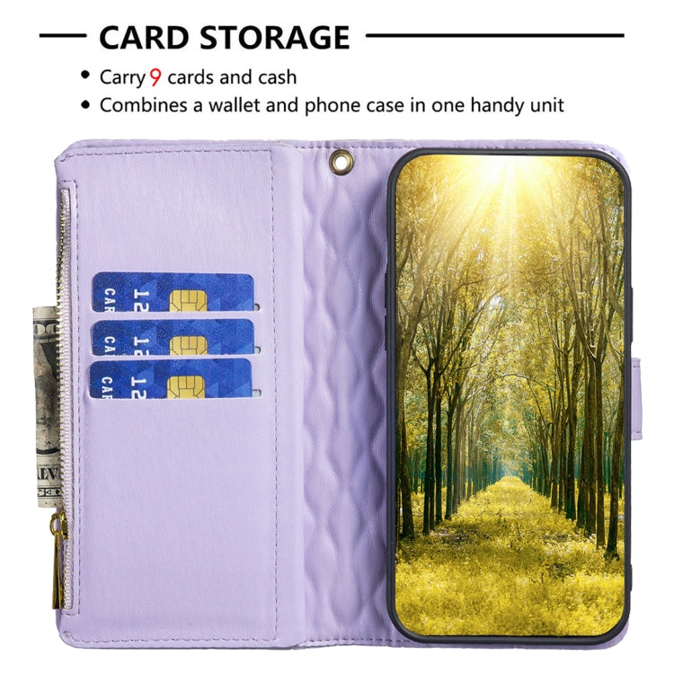 For iPhone 16 Plus Diamond Lattice Zipper Wallet Leather Flip Phone Case(Purple)