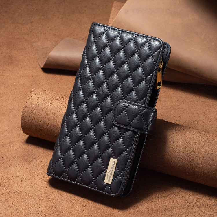 For iPhone 16 Plus Diamond Lattice Zipper Wallet Leather Flip Phone Case(Black)