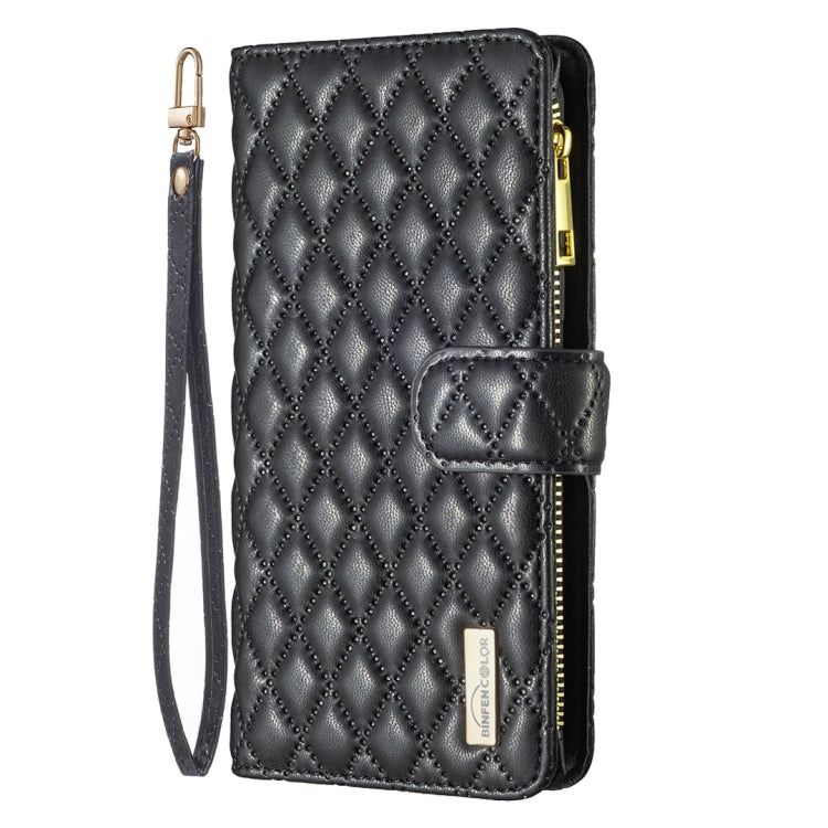 For iPhone 16 Plus Diamond Lattice Zipper Wallet Leather Flip Phone Case(Black)