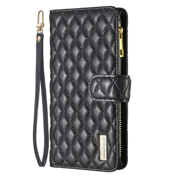 For iPhone 16 Plus Diamond Lattice Zipper Wallet Leather Flip Phone Case(Black)