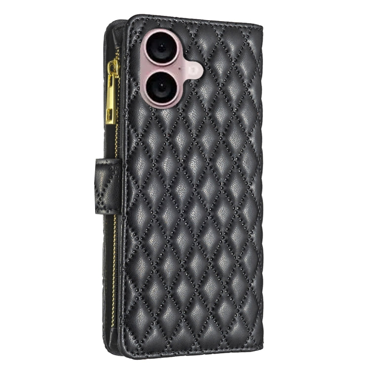 For iPhone 16 Plus Diamond Lattice Zipper Wallet Leather Flip Phone Case(Black)