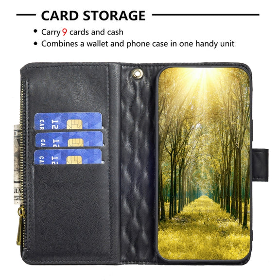For iPhone 16 Plus Diamond Lattice Zipper Wallet Leather Flip Phone Case(Black)