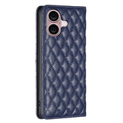 For iPhone 16 Diamond Lattice Magnetic Leather Flip Phone Case(Blue)