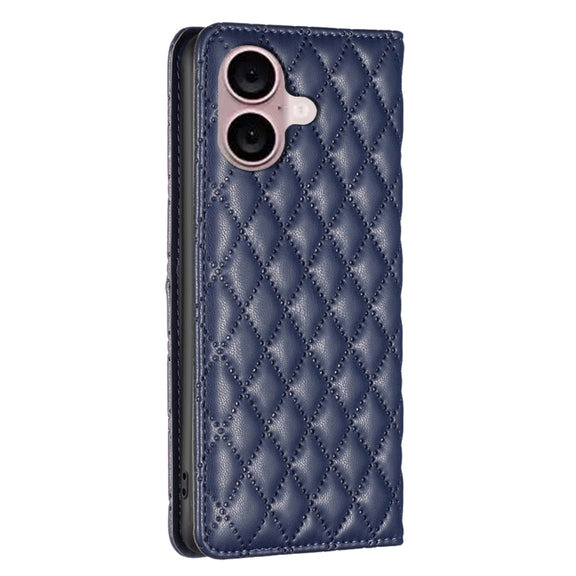 For iPhone 16 Diamond Lattice Magnetic Leather Flip Phone Case(Blue)
