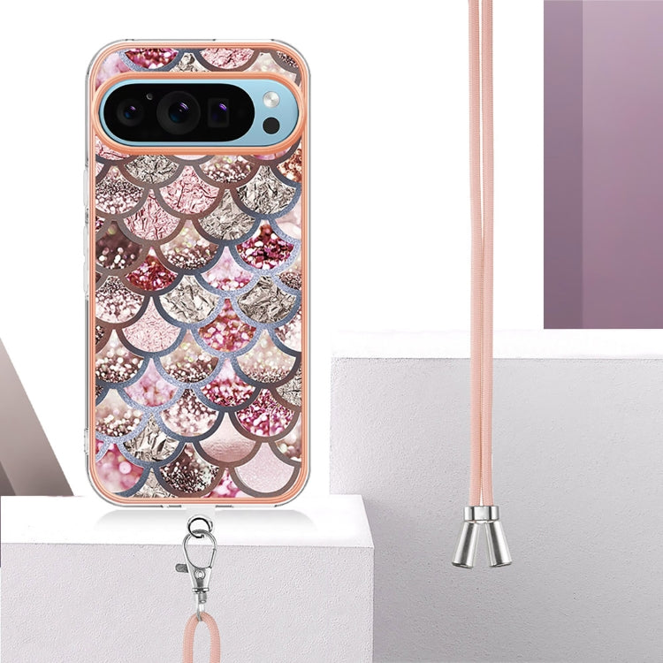 For Google Pixel 9 / 9 Pro Electroplating IMD TPU Phone Case with Lanyard(Pink Scales)