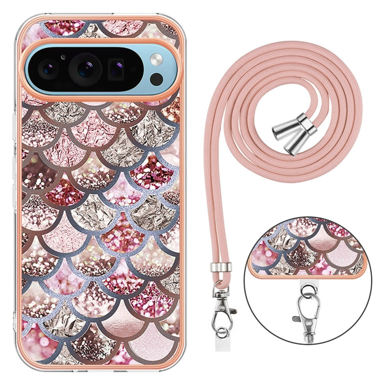 For Google Pixel 9 / 9 Pro Electroplating IMD TPU Phone Case with Lanyard(Pink Scales)