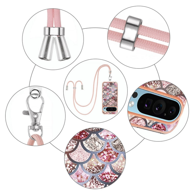 For Google Pixel 9 / 9 Pro Electroplating IMD TPU Phone Case with Lanyard(Pink Scales)
