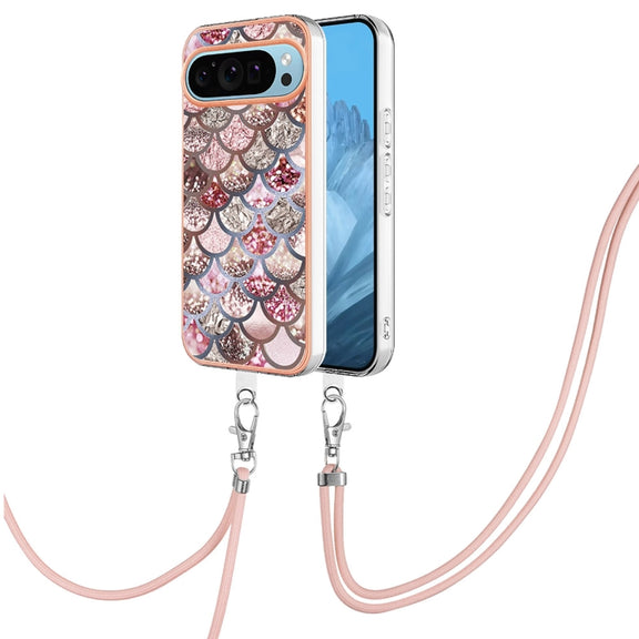 For Google Pixel 9 / 9 Pro Electroplating IMD TPU Phone Case with Lanyard(Pink Scales)