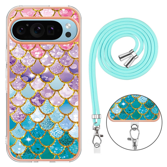 For Google Pixel 9 / 9 Pro Electroplating IMD TPU Phone Case with Lanyard(Colorful Scales)