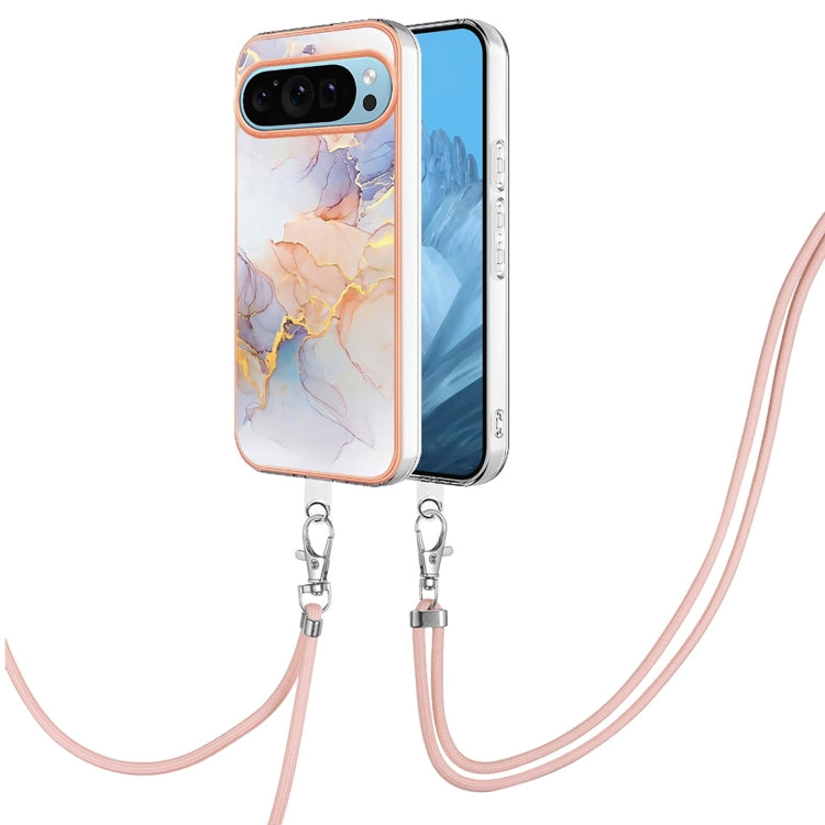 For Google Pixel 9 / 9 Pro Electroplating IMD TPU Phone Case with Lanyard(White Marble)