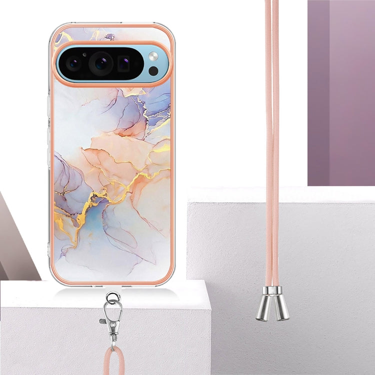 For Google Pixel 9 / 9 Pro Electroplating IMD TPU Phone Case with Lanyard(White Marble)