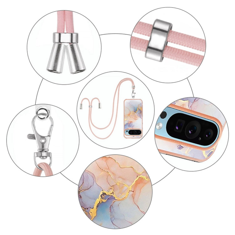 For Google Pixel 9 / 9 Pro Electroplating IMD TPU Phone Case with Lanyard(White Marble)