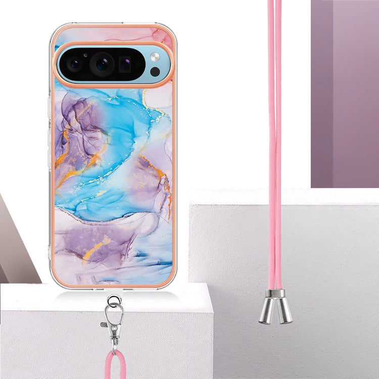 For Google Pixel 9 / 9 Pro Electroplating IMD TPU Phone Case with Lanyard(Blue Marble)