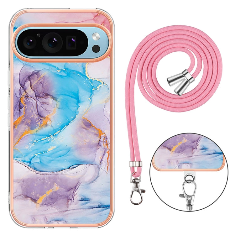 For Google Pixel 9 / 9 Pro Electroplating IMD TPU Phone Case with Lanyard(Blue Marble)