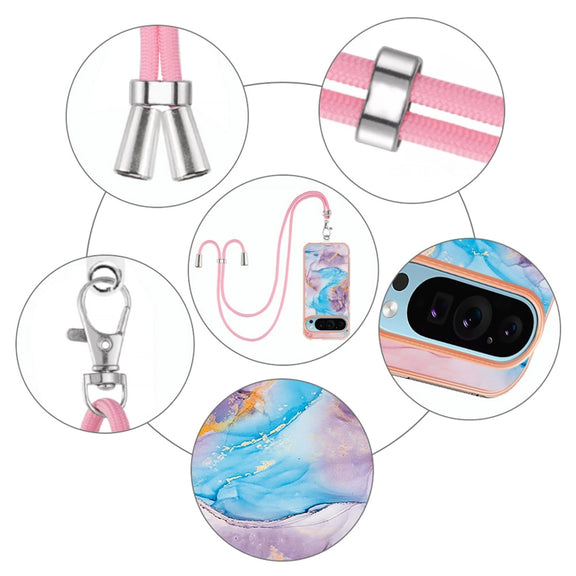For Google Pixel 9 / 9 Pro Electroplating IMD TPU Phone Case with Lanyard(Blue Marble)