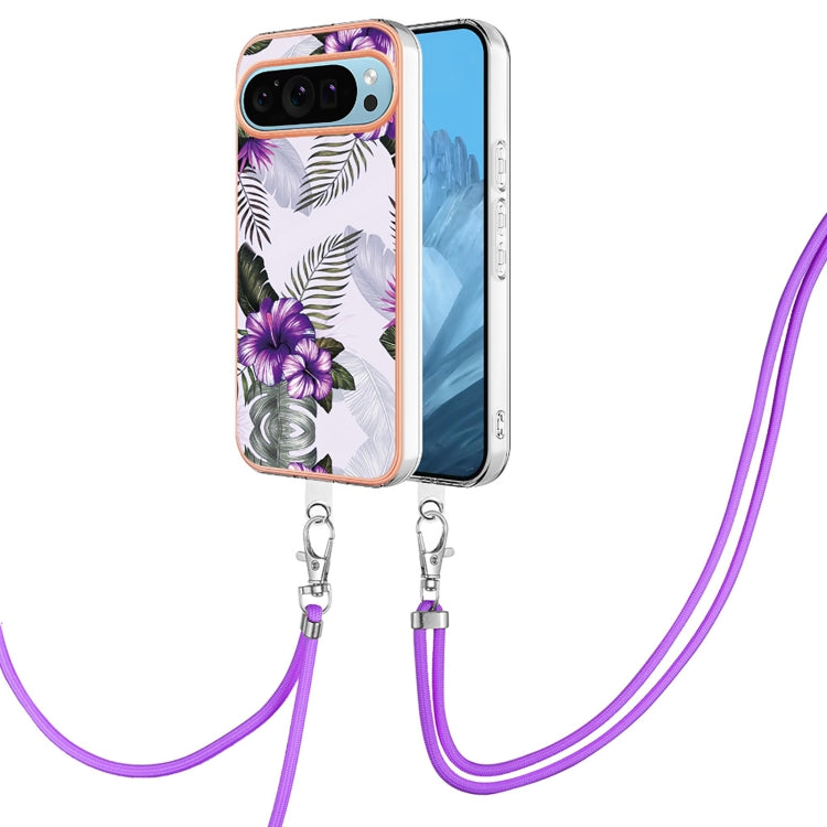 For Google Pixel 9 / 9 Pro Electroplating IMD TPU Phone Case with Lanyard(Purple Flower)