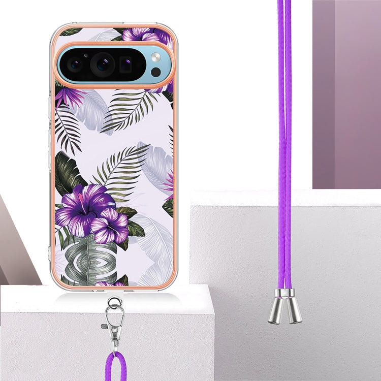 For Google Pixel 9 / 9 Pro Electroplating IMD TPU Phone Case with Lanyard(Purple Flower)
