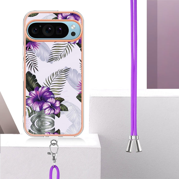 For Google Pixel 9 / 9 Pro Electroplating IMD TPU Phone Case with Lanyard(Purple Flower)