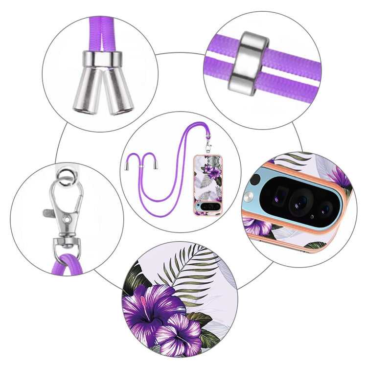 For Google Pixel 9 / 9 Pro Electroplating IMD TPU Phone Case with Lanyard(Purple Flower)