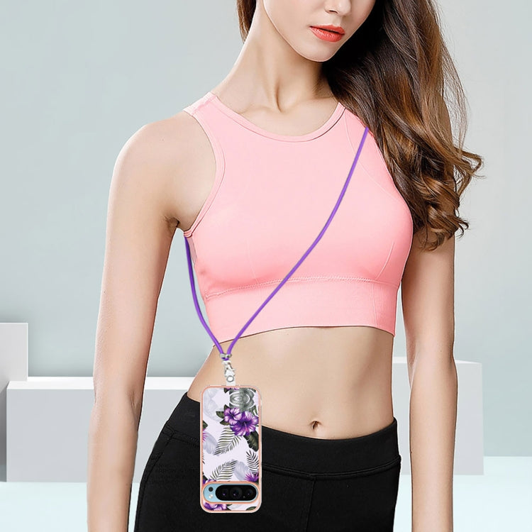For Google Pixel 9 / 9 Pro Electroplating IMD TPU Phone Case with Lanyard(Purple Flower)