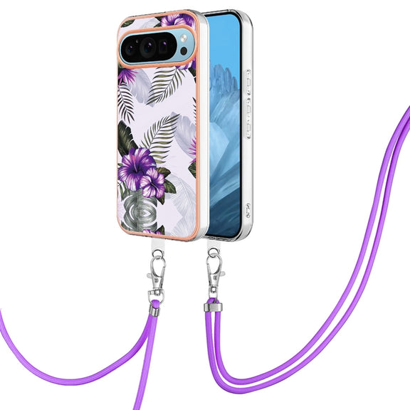 For Google Pixel 9 / 9 Pro Electroplating IMD TPU Phone Case with Lanyard(Purple Flower)