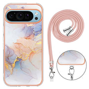 For Google Pixel 9 Pro XL Electroplating IMD TPU Phone Case with Lanyard(White Marble)