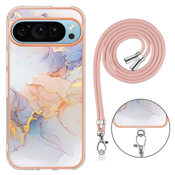 For Google Pixel 9 Pro XL Electroplating IMD TPU Phone Case with Lanyard(White Marble)