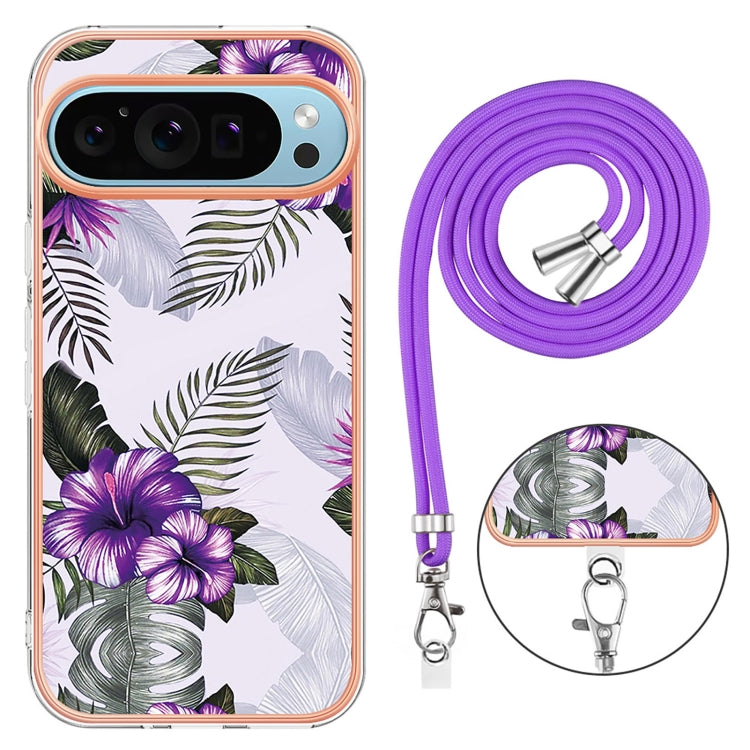 For Google Pixel 9 Pro XL Electroplating IMD TPU Phone Case with Lanyard(Purple Flower)