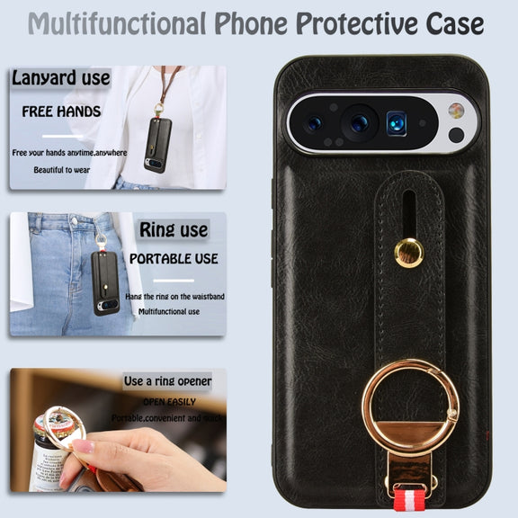For Google Pixel 9 Pro Wristband Leather Back Phone Case(Black)
