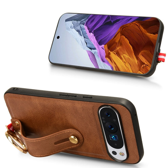 For Google Pixel 9 Pro Wristband Leather Back Phone Case(Brown)