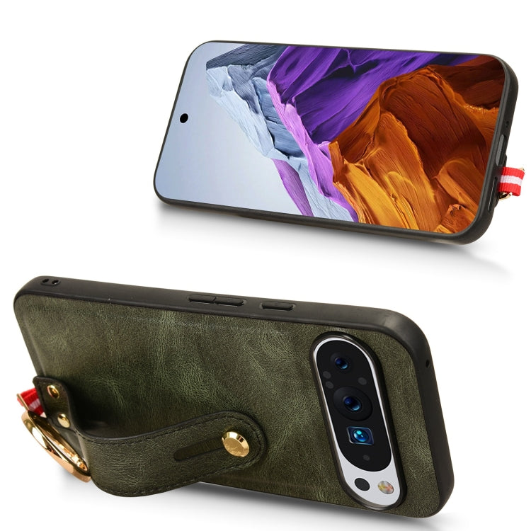For Google Pixel 9 Wristband Leather Back Phone Case(Green)