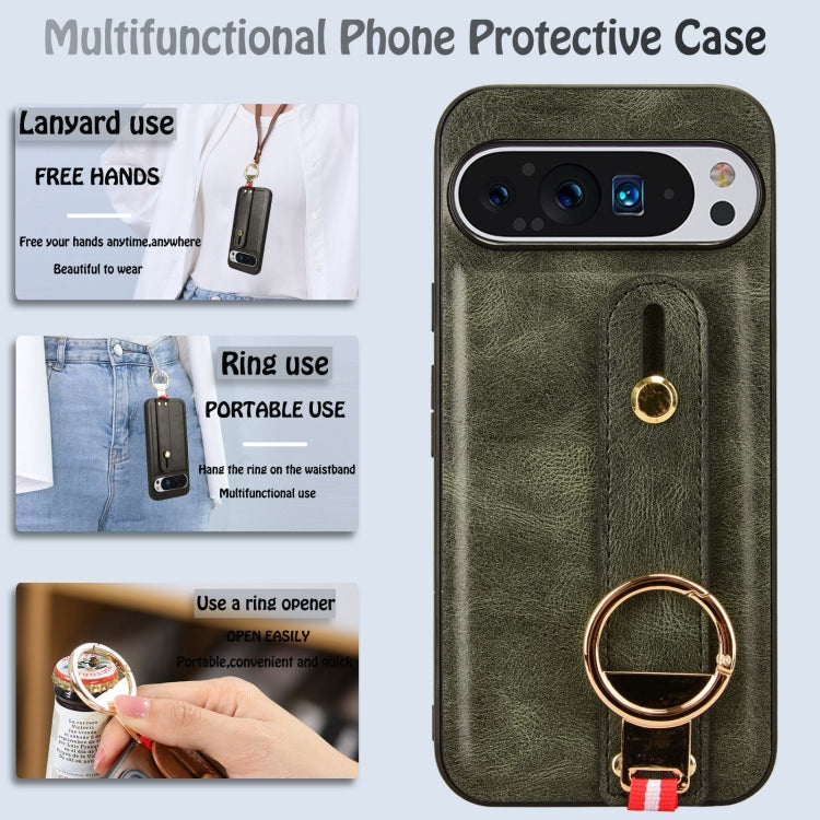 For Google Pixel 9 Wristband Leather Back Phone Case(Green)