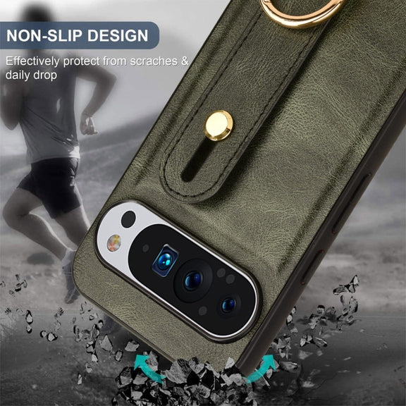 For Google Pixel 9 Wristband Leather Back Phone Case(Green)