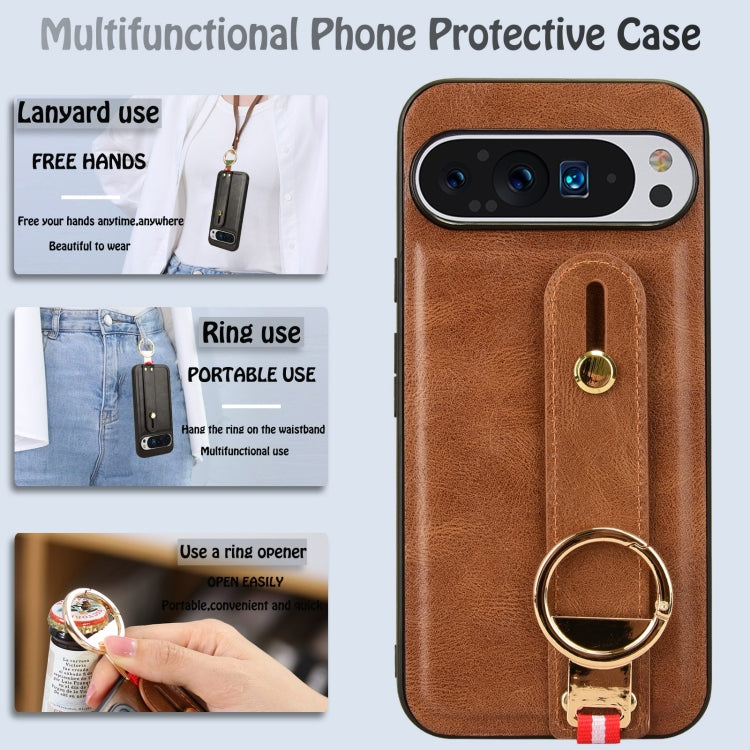 For Google Pixel 9 Wristband Leather Back Phone Case(Brown)