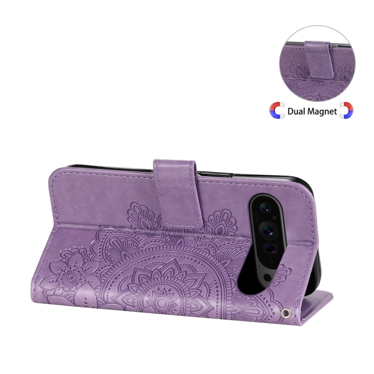 For Google Pixel 9 Pro 7-petal Flowers Embossing Leather Phone Case(Light Purple)