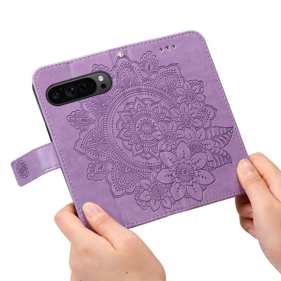 For Google Pixel 9 Pro 7-petal Flowers Embossing Leather Phone Case(Light Purple)