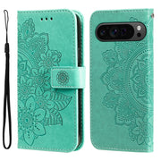 For Google Pixel 9 Pro Seven-petal Flowers Embossing Leather Phone Case(Green)