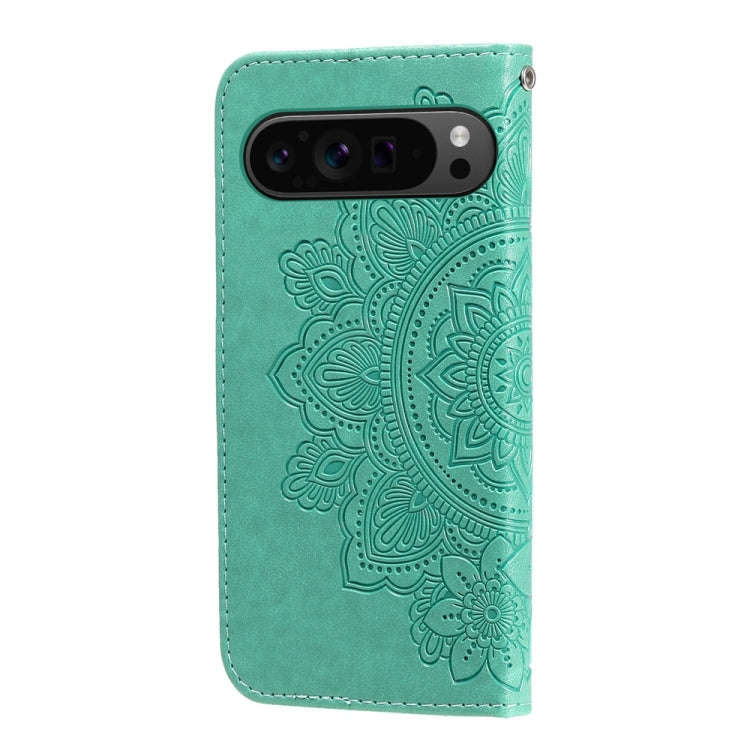 For Google Pixel 9 Pro Seven-petal Flowers Embossing Leather Phone Case(Green)