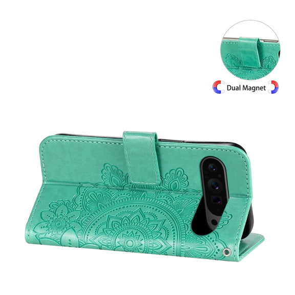 For Google Pixel 9 Pro Seven-petal Flowers Embossing Leather Phone Case(Green)