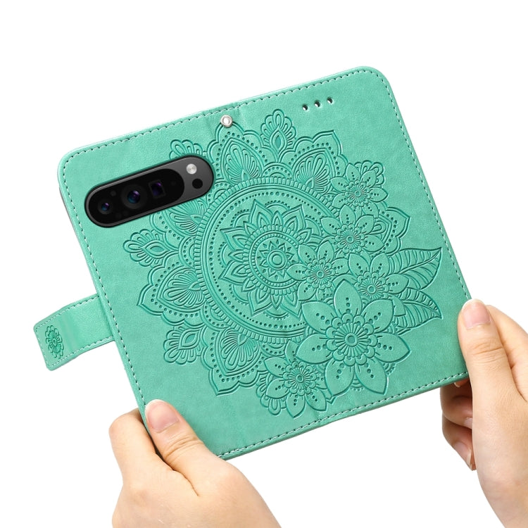 For Google Pixel 9 Pro Seven-petal Flowers Embossing Leather Phone Case(Green)
