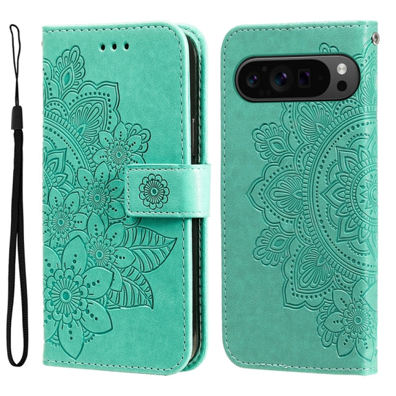 For Google Pixel 9 Pro Seven-petal Flowers Embossing Leather Phone Case(Green)