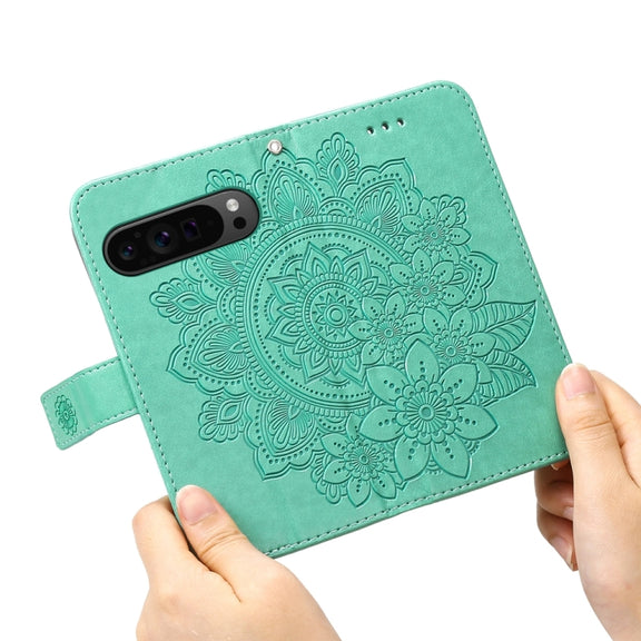 For Google Pixel 9 Pro Seven-petal Flowers Embossing Leather Phone Case(Green)