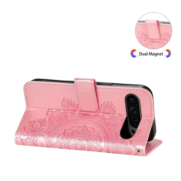 For Google Pixel 9 Pro 7-petal Flowers Embossing Leather Phone Case(Rose Gold)
