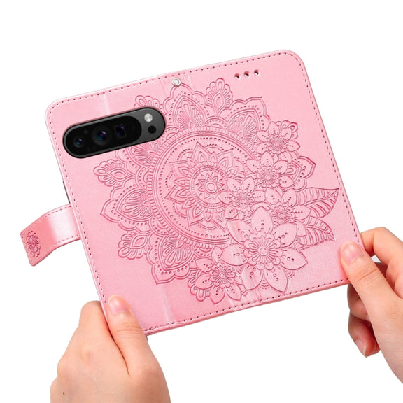 For Google Pixel 9 Pro 7-petal Flowers Embossing Leather Phone Case(Rose Gold)