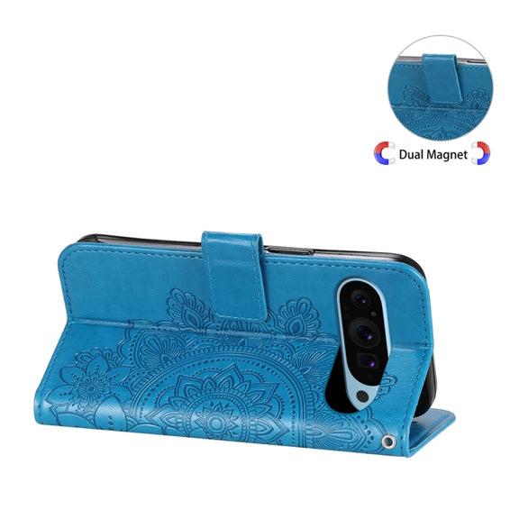 For Google Pixel 9 7-petal Flowers Embossing Leather Phone Case(Blue)