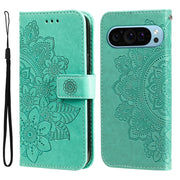 For Google Pixel 9 Seven-petal Flowers Embossing Leather Phone Case(Green)